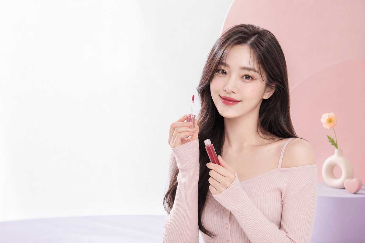 Korean beauty model applying a glossy lip tint in a pastel studio - Douyin Shop