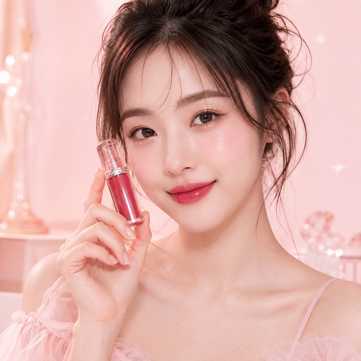 Korean beauty model holding a glossy lip tint - Douyin Shop