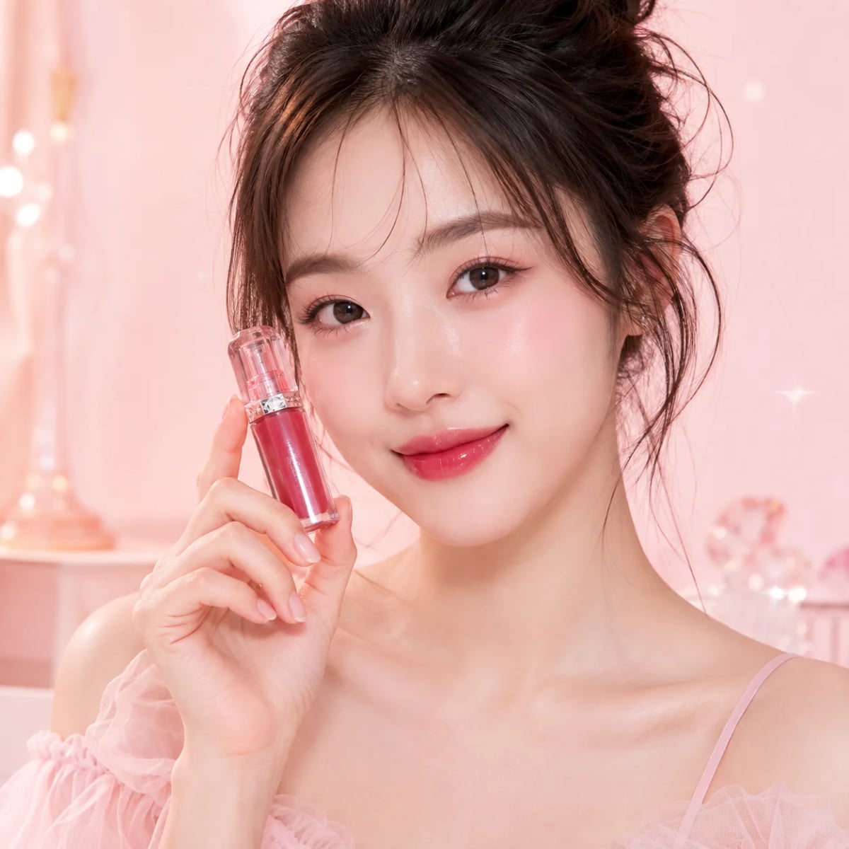 Korean beauty model holding a glossy lip tint - Douyin Shop