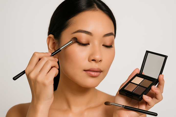 Asian girl clean whitte bg doing eye makeup