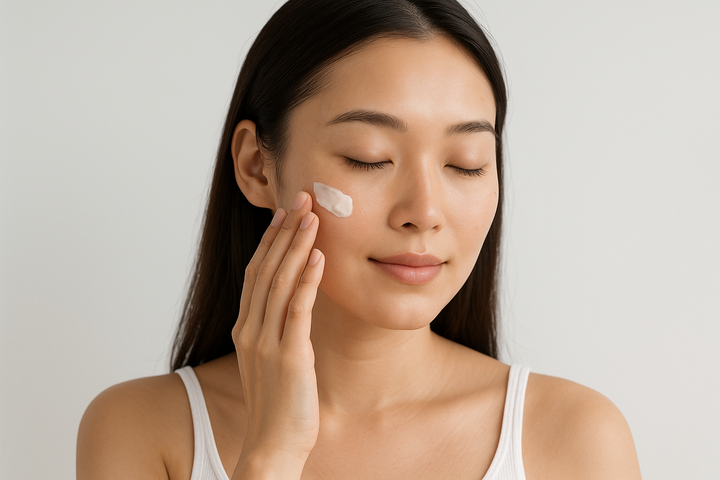 Asian girl doing skincare in clean white bg