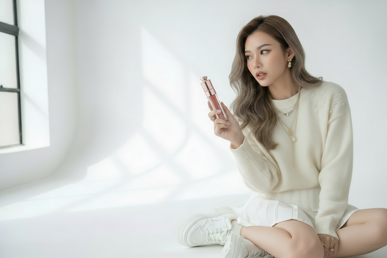 asian girl douyin look in the right most side of image with white bg 