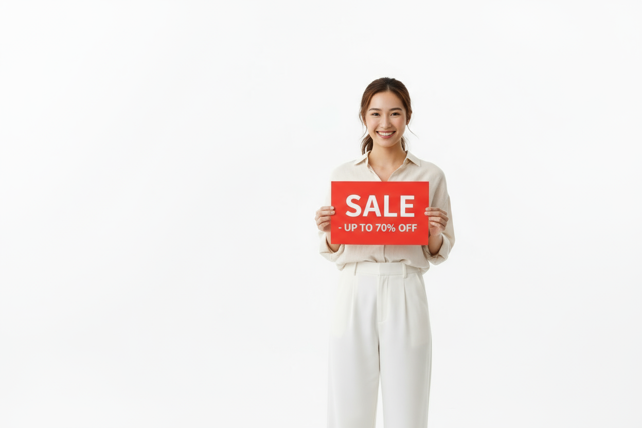 asian girl in the right most side of image with white bg showing salle